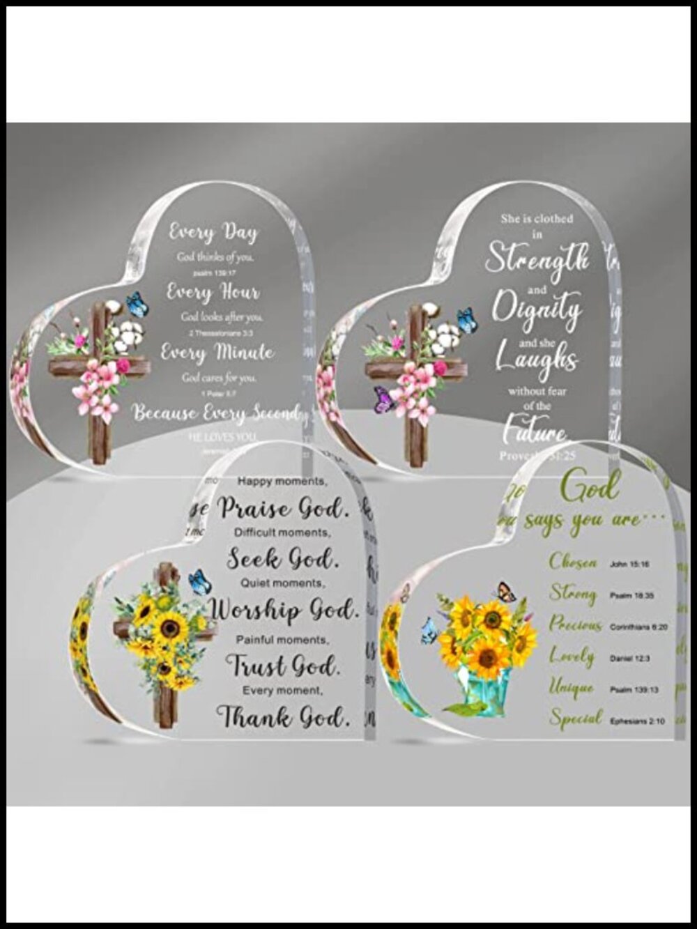 Acrylic Religious Heart Plaques Set of 4 Inspirational Table Decor